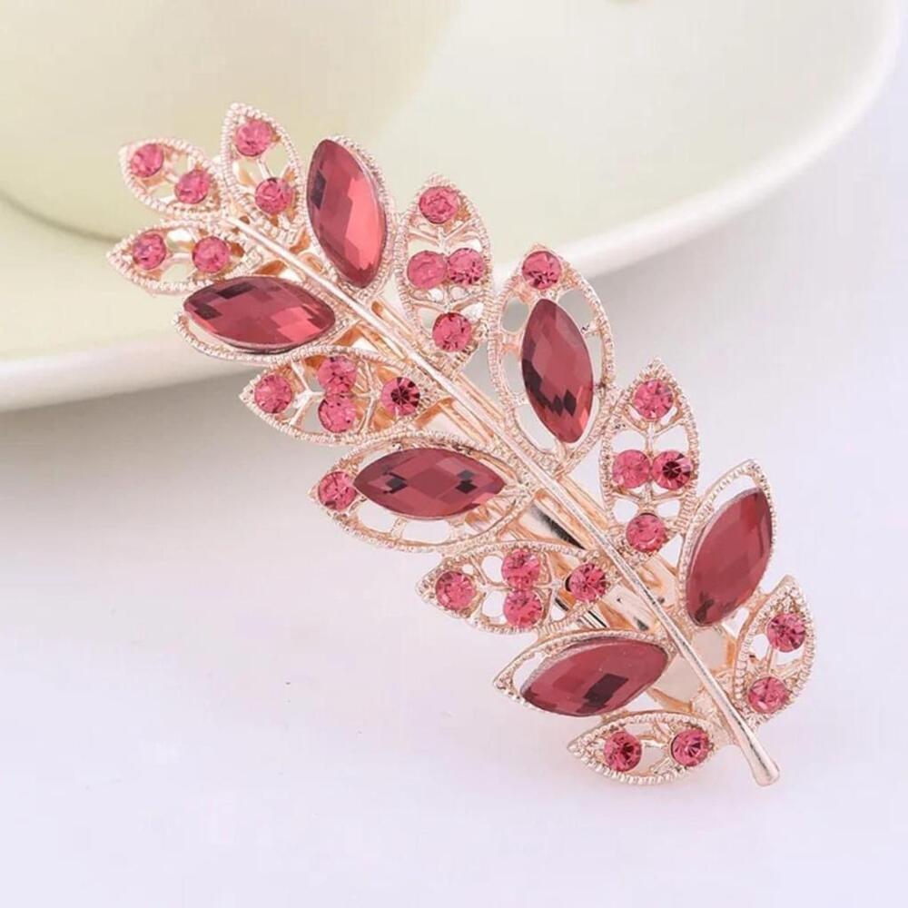 Rhinestone Leaf Hair Clip In Rosey Red